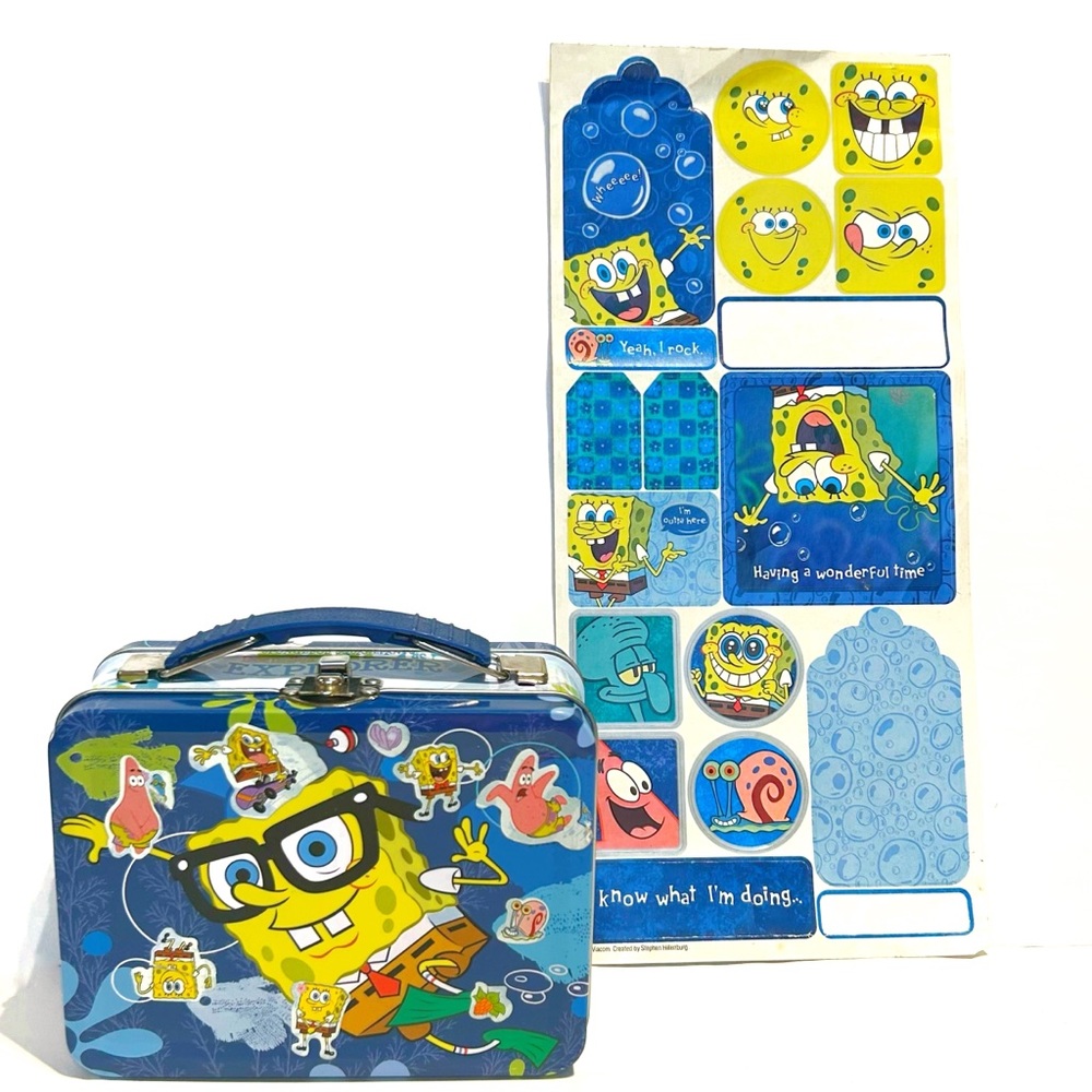 SpongeBob SquarePants Sandylion Sticker Sheet and Tin Lunchbox Case Blue Yellow